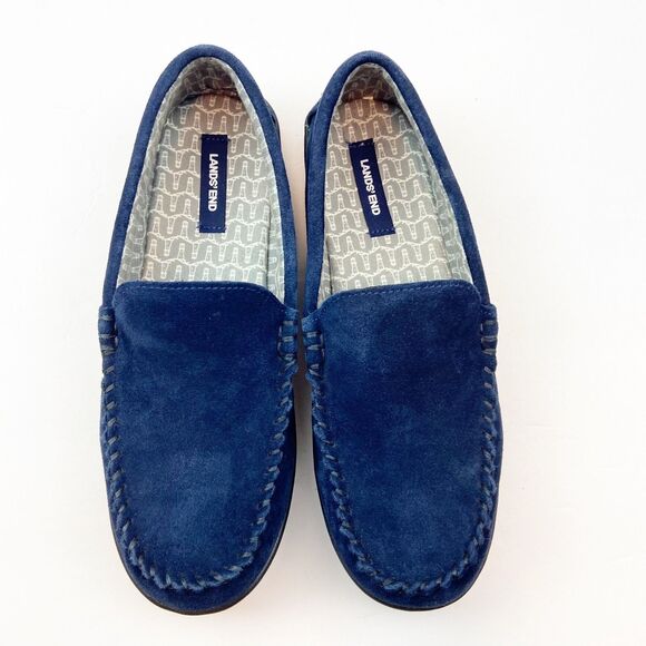 Lands End Slippers Men's 10 Blue Suede Slip On Moccasins Flannel Lined - Picture 5 of 8